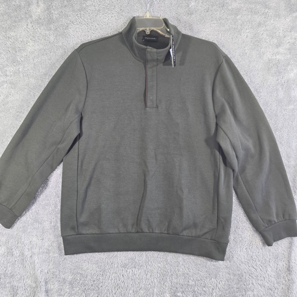 Tahari Mens Quarter Zip Long Sleeve Pullover Smoke Green Mock Neck Large NWT